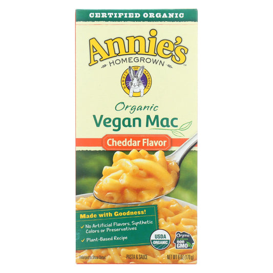 Annie's Homegrown Organic Macaroni & Cheese - Vegan Cheddar Flavored - Case Of 12 - 6 Oz - OnlyNaturals