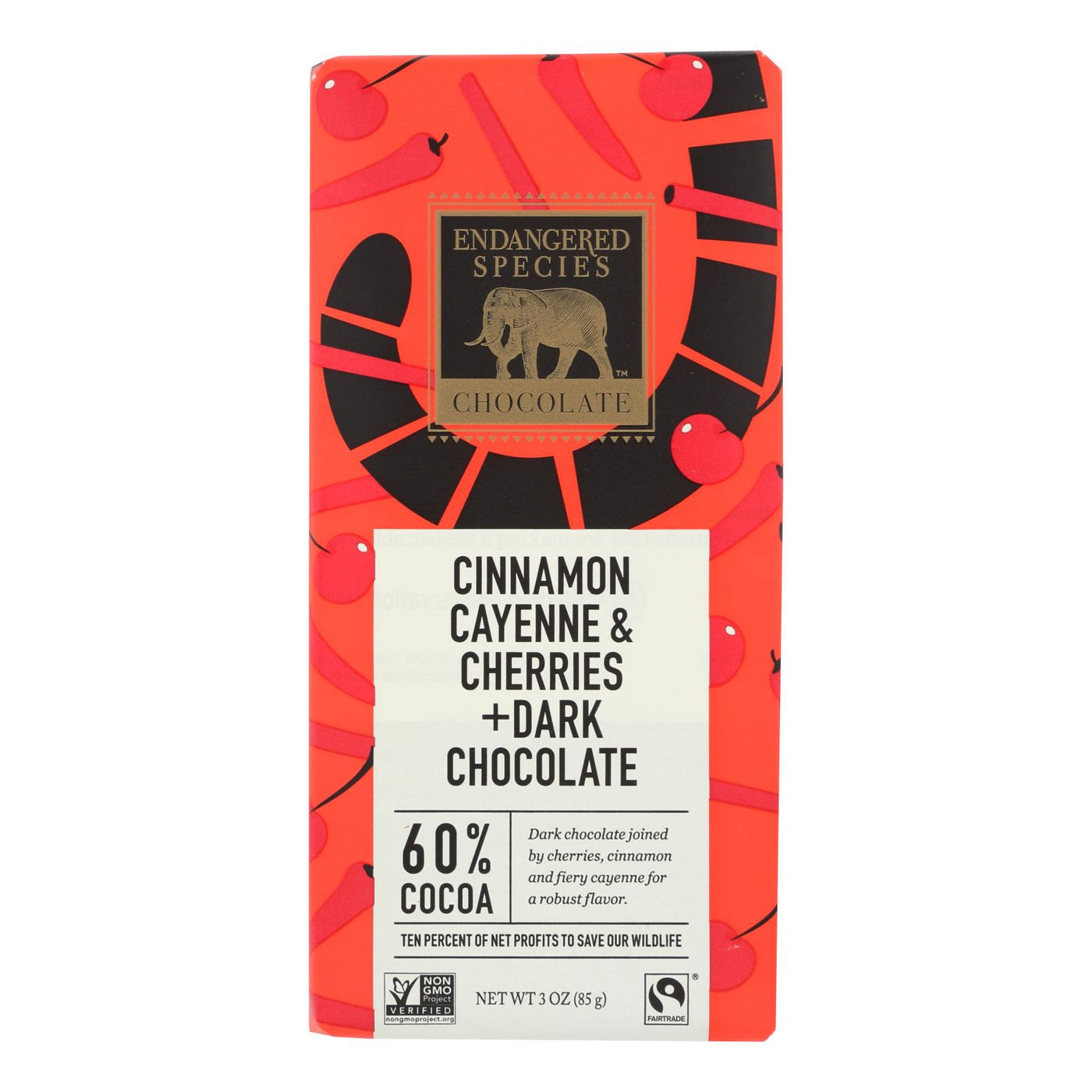 Endangered Species Natural Chocolate Bars - Dark Chocolate - 60 Percent Cocoa - Cinnamon Cayenne And Cherries - 3 Oz Bars - Case Of 12 | OnlyNaturals.us