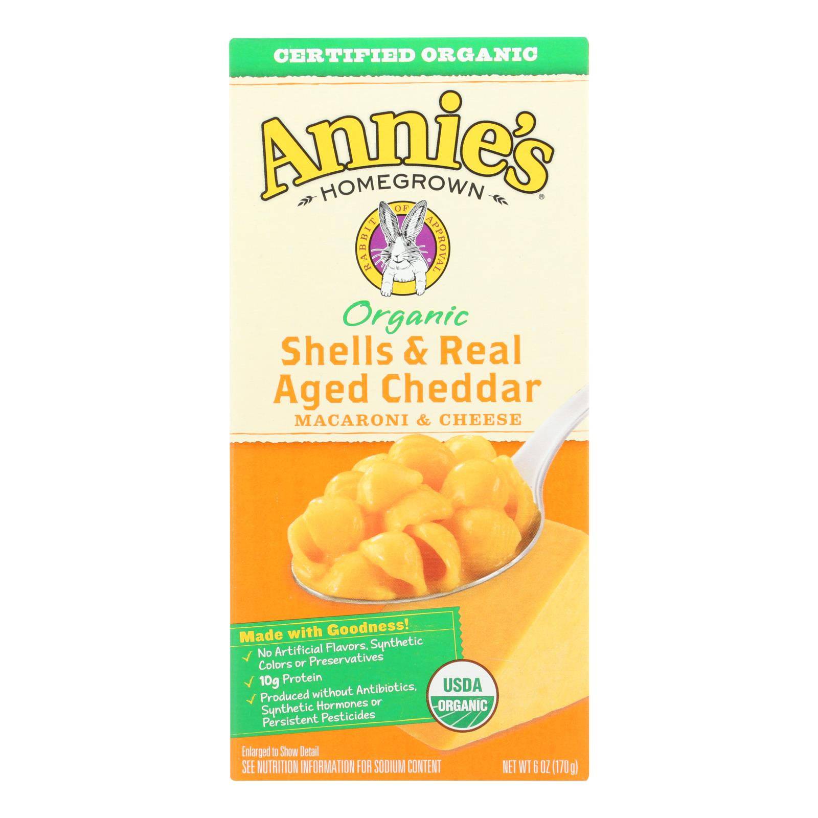 Buy Annie's Homegrown Organic Shells And Real Aged Cheddar Macaroni And Cheese - Case Of 12 - 6 Oz.  at OnlyNaturals.us