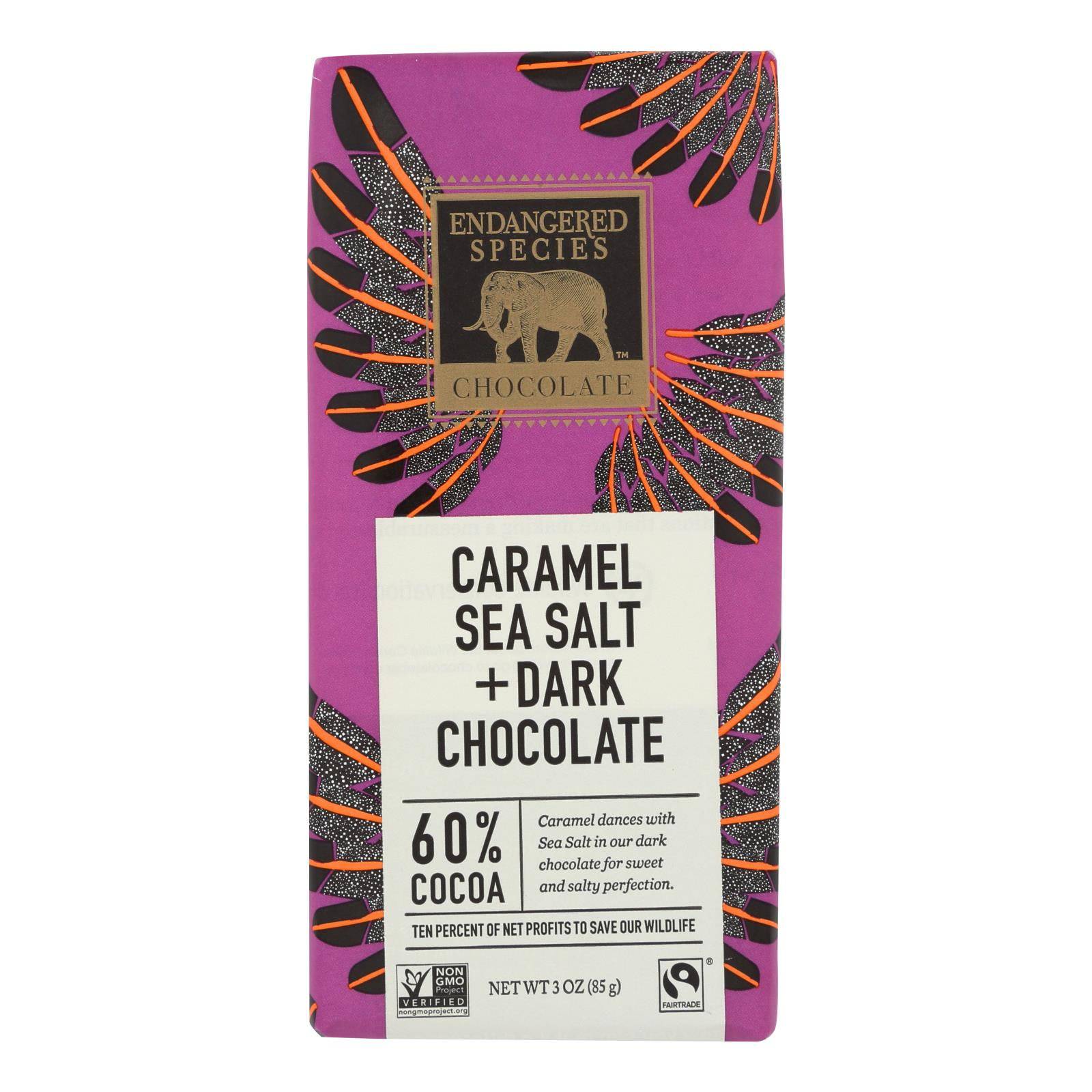 Endangered Species Chocolate Bar - Dark Chocolate - Caramel - Sea Salt - 3 Oz - Case Of 12 | OnlyNaturals.us