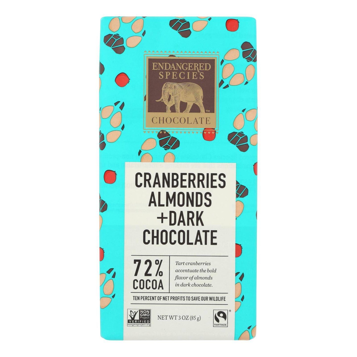 Buy Endangered Species Natural Chocolate Bars - Dark Chocolate - 72 Percent Cocoa - Cranberries And Almonds - 3 Oz Bars - Case Of 12  at OnlyNaturals.us