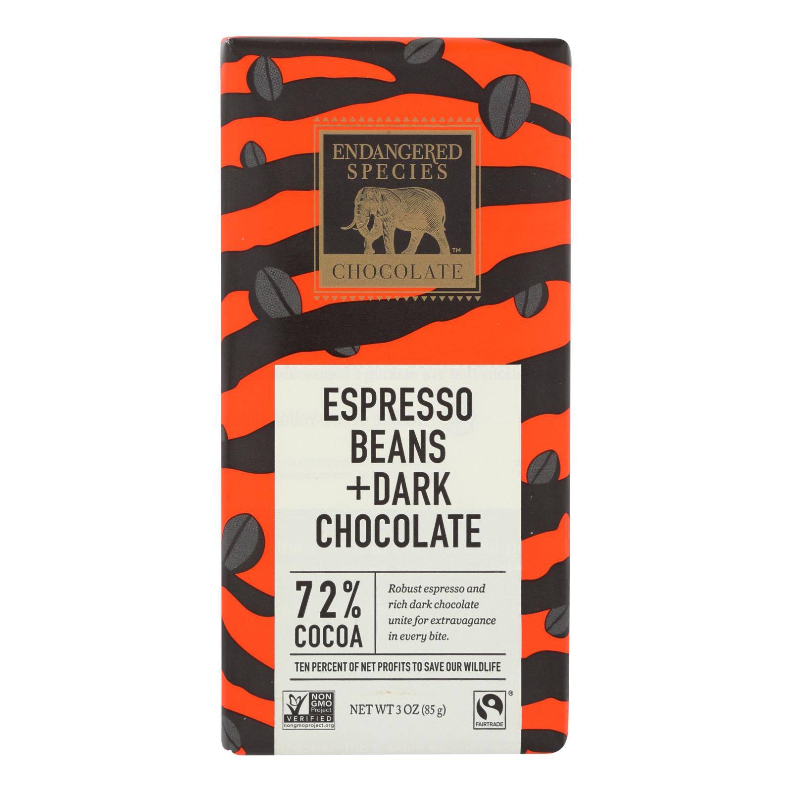 Buy Endangered Species Natural Chocolate Bars - Dark Chocolate - 72 Percent Cocoa - Espresso Beans - 3 Oz Bars - Case Of 12  at OnlyNaturals.us