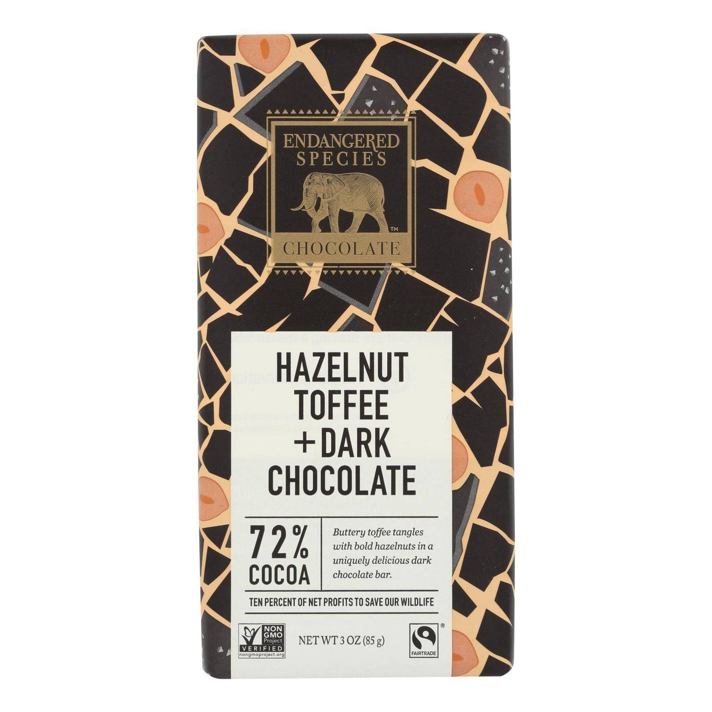 Buy Endangered Species Natural Chocolate Bars - Dark Chocolate - 72 Percent Cocoa - Hazelnut Toffee - 3 Oz Bars - Case Of 12  at OnlyNaturals.us