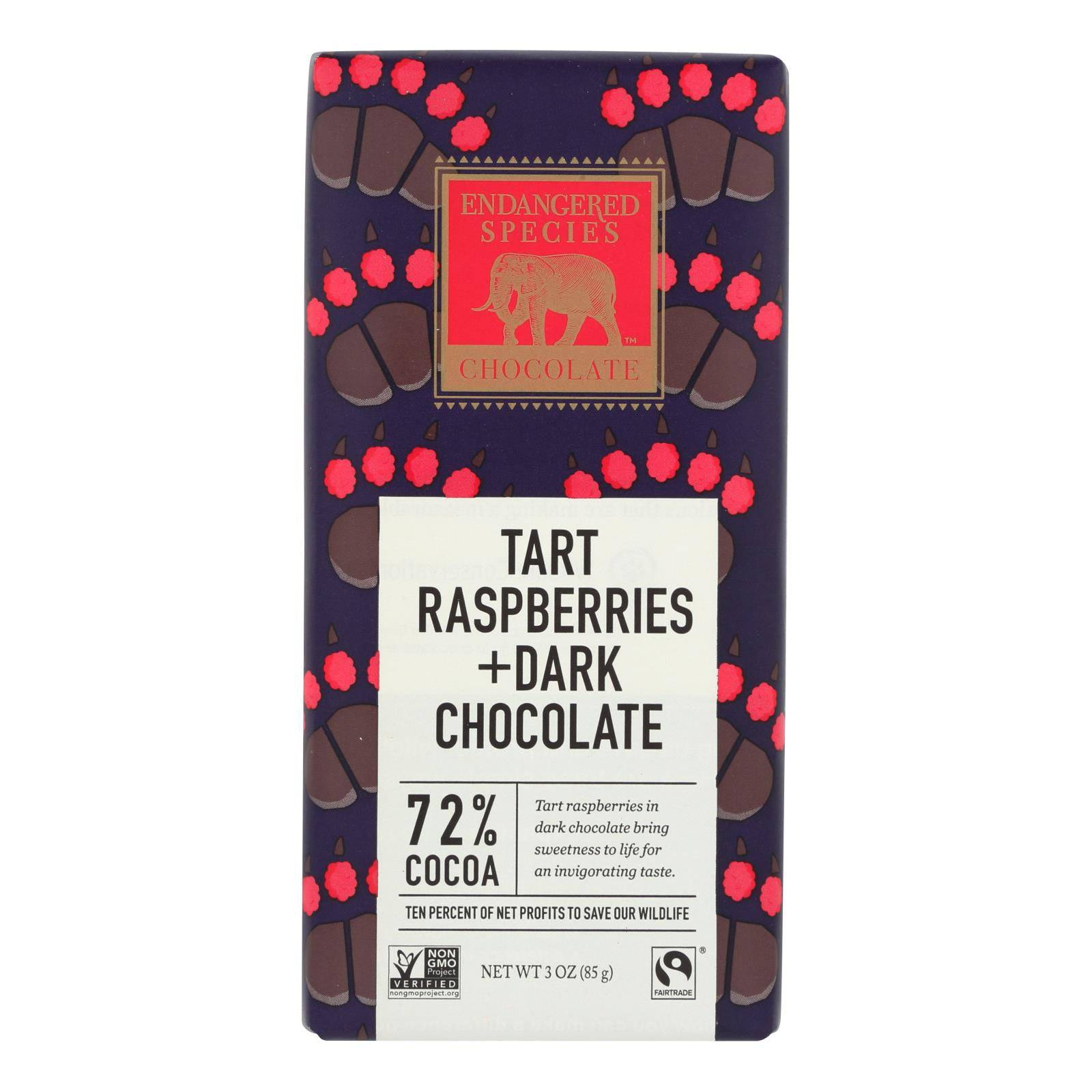 Buy Endangered Species Natural Chocolate Bars - Dark Chocolate - 72 Percent Cocoa - Raspberries - 3 Oz Bars - Case Of 12  at OnlyNaturals.us