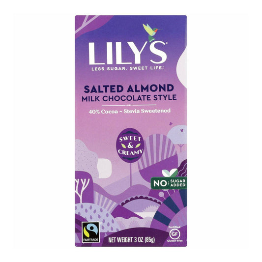 Lily's Sweets Chocolate Bar - Milk Chocolate - 40 Percent Cocoa - Salted Almond - 3 Oz Bars - Case Of 12 | OnlyNaturals.us