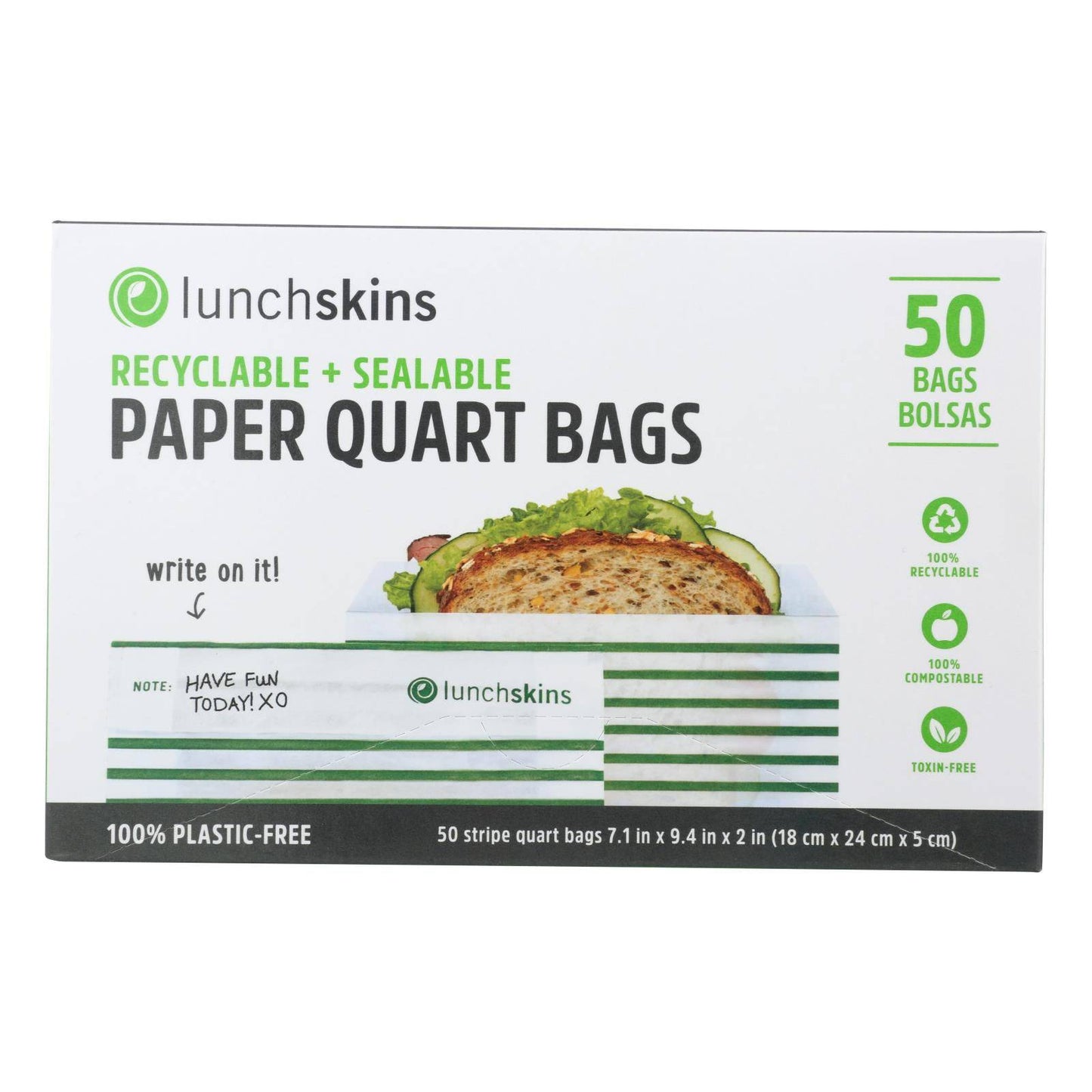 Lunchskins - Paper Sandwich Bags - Green Stripe - Case Of 12 - 50 Count | OnlyNaturals.us