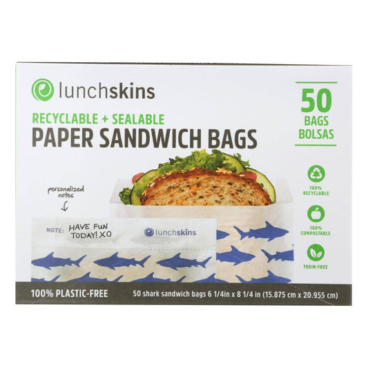 Lunchskins - Recyclable And Sealable Paper Sandwich Bags - Shark - Case Of 12 - 50 Count | OnlyNaturals.us