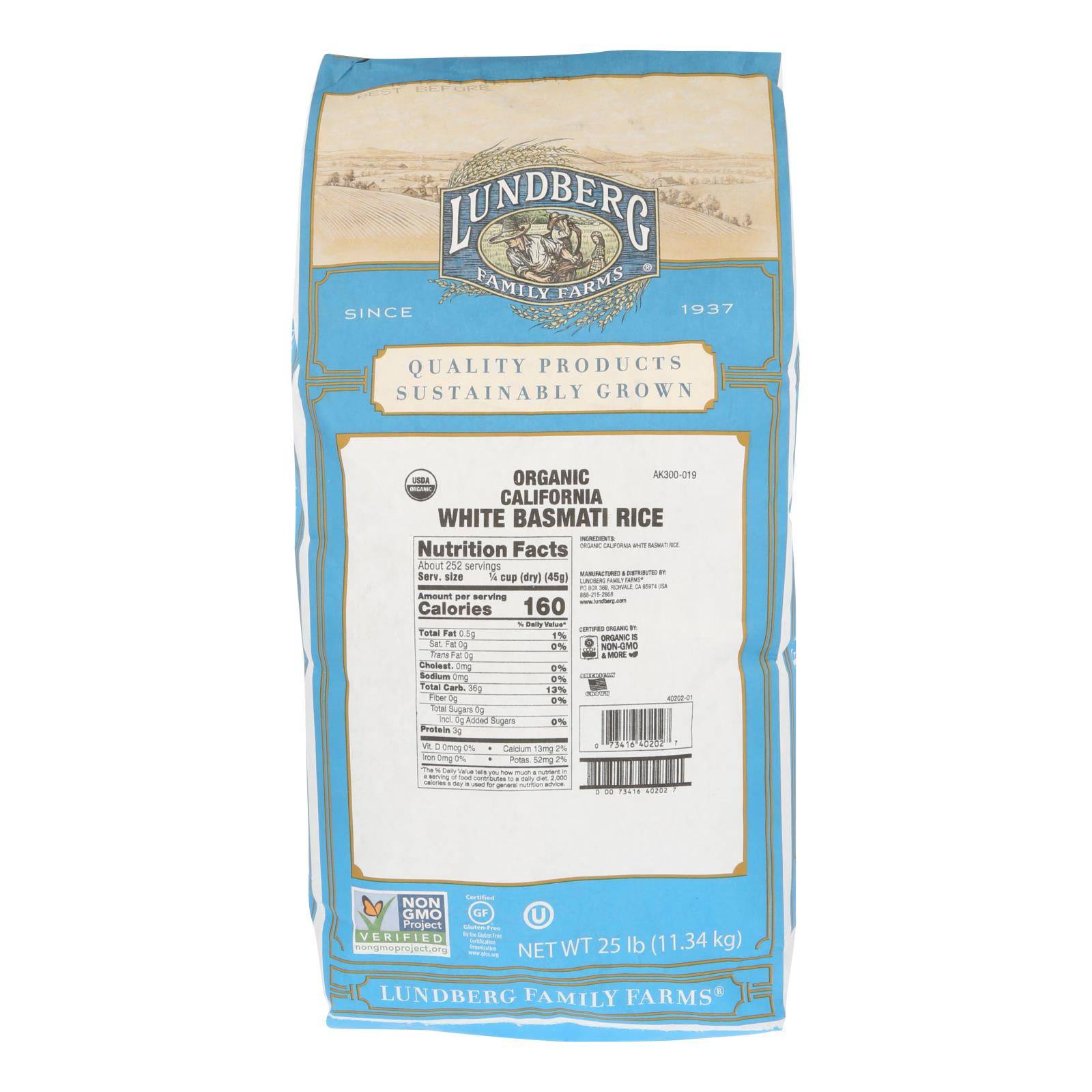 Lundberg Family Farms Organic California White Basmati Rice - Case Of 25 Lbs | OnlyNaturals.us