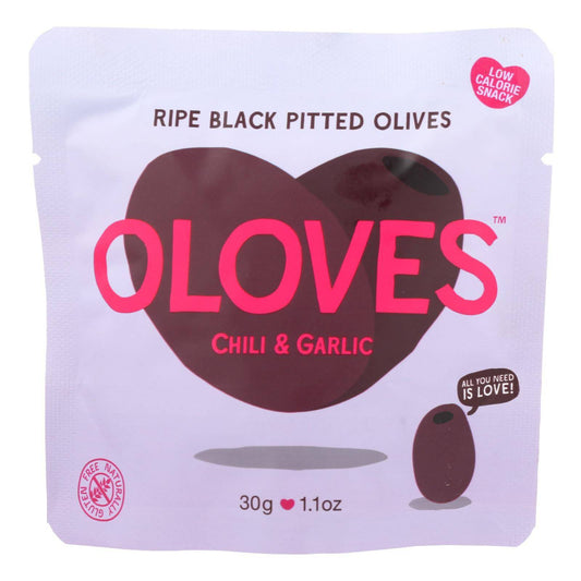 Oloves Green Pitted Olives - Chili And Garlic - Case Of 10 - 1.1 Oz. | OnlyNaturals.us