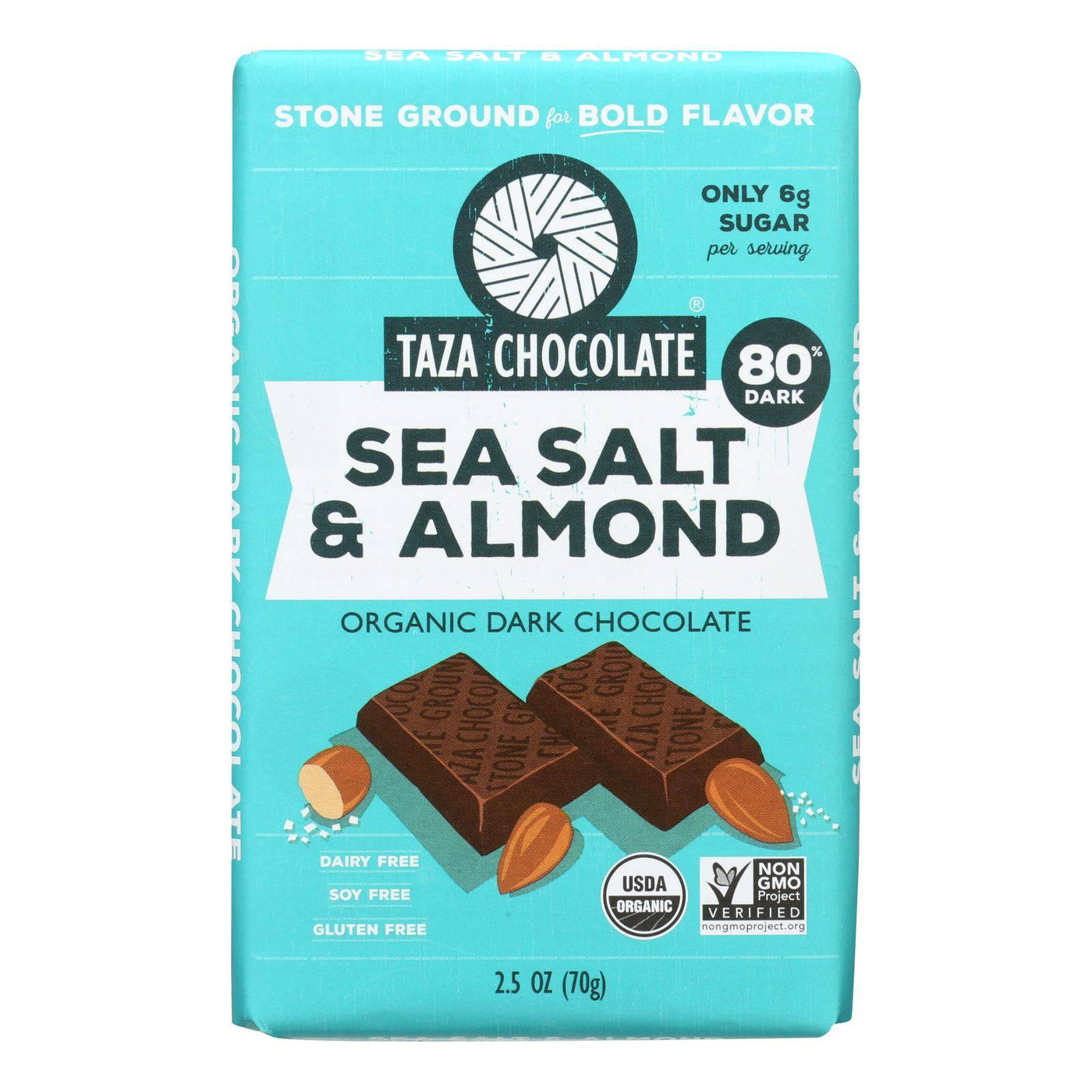 Taza Chocolate Stone Ground Organic Dark Chocolate Bar - Sea Salt And Almond - Case Of 10 - 2.5 Oz. | OnlyNaturals.us
