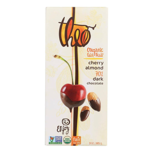 Theo Chocolate Organic Chocolate Bar - Classic - Dark Chocolate - 70 Percent Cacao - Cherry And Almond - 3 Oz Bars - Case Of 12 | OnlyNaturals.us