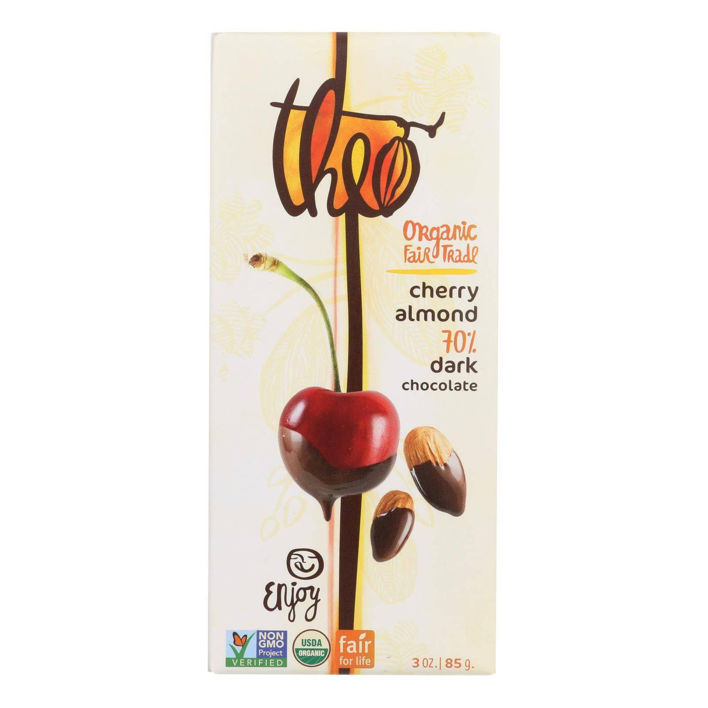 Theo Chocolate Organic Chocolate Bar - Classic - Dark Chocolate - 70 Percent Cacao - Cherry And Almond - 3 Oz Bars - Case Of 12 | OnlyNaturals.us