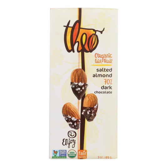 Theo Chocolate Organic Chocolate Bar - Classic - Dark Chocolate - 70 Percent Cacao - Salted Almond - 3 Oz Bars - Case Of 12 | OnlyNaturals.us