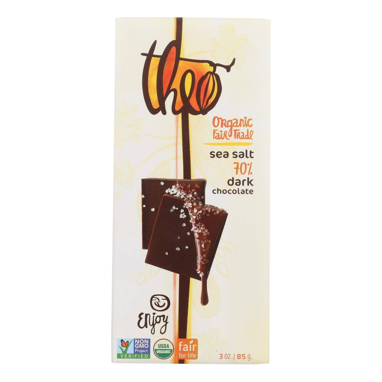 Theo Chocolate Organic Chocolate Bar - Classic - Dark Chocolate - 70 Percent Cacao - Sea Salt - 3 Oz Bars - Case Of 12 | OnlyNaturals.us